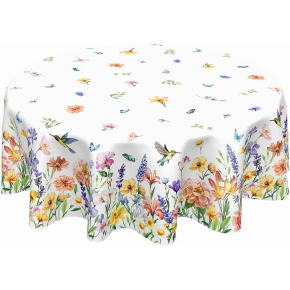 Spring Summer Tablecloth Round 60 Inch Green Yellow Floral Butterfly Table Cloth Pink Purple Flower Decorative Outdoor Table Cover for Kitchen Dining Holiday Party Picnic Indoor Home Decor