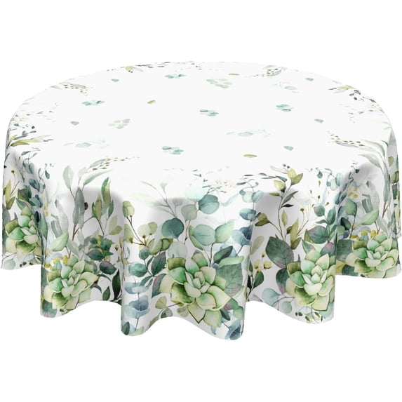 Spring Summer Tablecloth Round 60 Inch Sage Green Watercolor Leaves Table Cloth Eucalyptus Leaf Floral Tablecloth Washable Polyester Farmhouse Table Cover for Home Kitchen Dining Room Party Decor