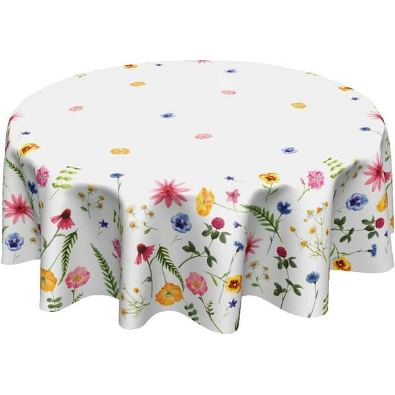 Spring Summer Tablecloth Round 60 Inch Wildflower Butterfly Spring Summer Floral Seasonal Table Cloth Washable Spillproof Wrinkle Resistant Fabric Table Cover for Indoor Outdoor Kitchen Dinning