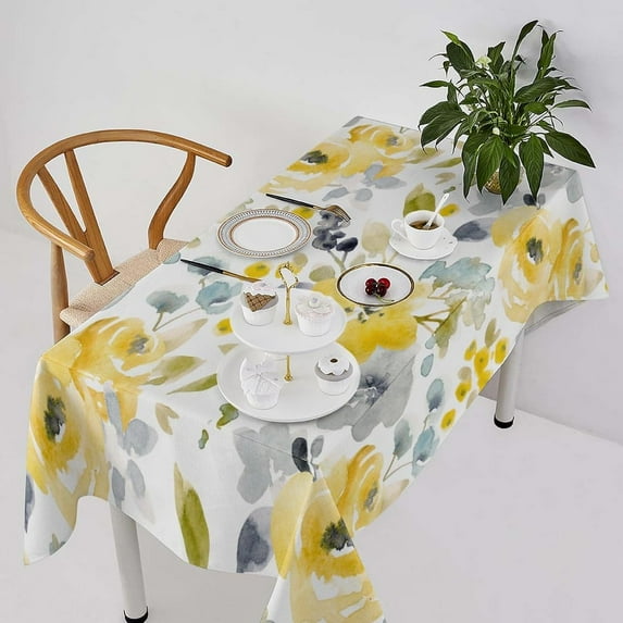 Spring Summer Tablecloth, Watercolor Bright Yellow Blue Wild Flowers Abstract Botanical Print Table Cover for Party Picnic Dinner Decor 60x102in