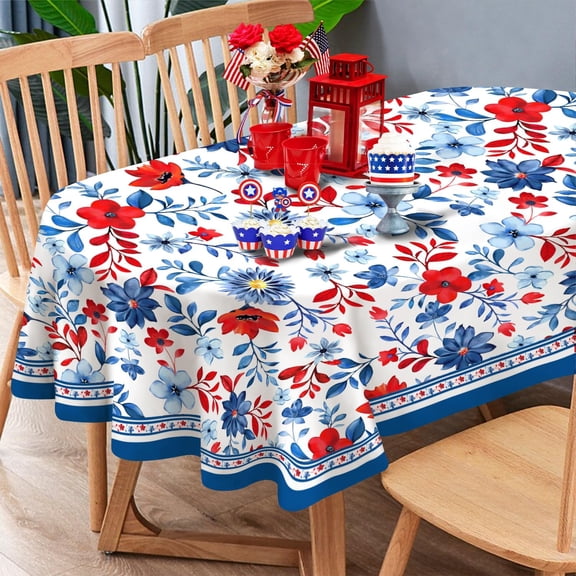 Spring Summer Tablecloth Waterproof Fabric Oblong Oval Tablecloths, 4th of July Tablecloth Oval 54 x 72 Patriotic Red White and Blue Fireworks for Independence Day Memorial Day Veterans Day
