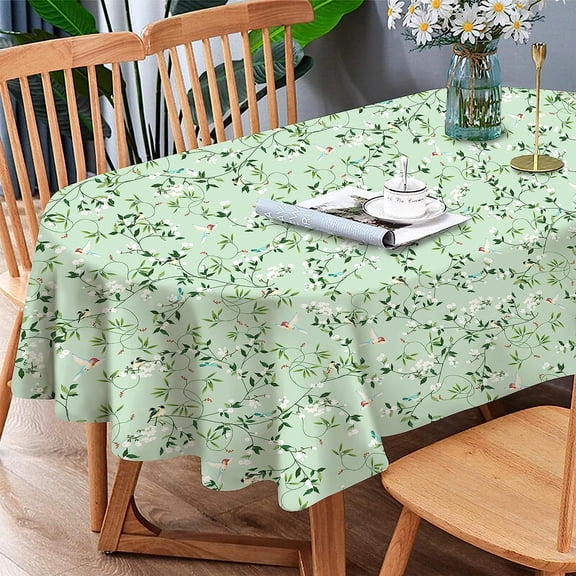 Spring Summer Tablecloth Waterproof Fabric Oblong Oval Tablecloths, Green Bird Floral Table Cover Oval 54 x 72 for Kitchen Dining, Restaurant