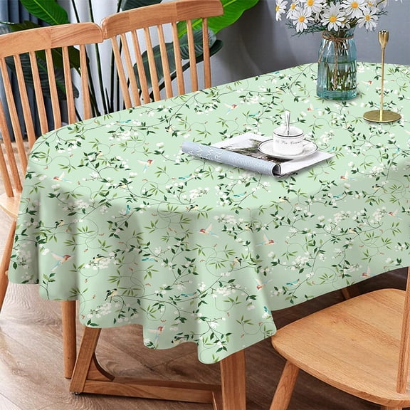 Spring Summer Tablecloth Waterproof Fabric Oblong Oval Tablecloths, Green Bird Floral Table Cover Oval 60 x 102 for Kitchen Dining, Restaurant