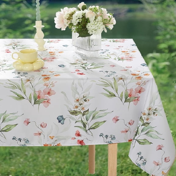 Spring Summer Tablecloths Rectangle 52x70 Inch, Spill Proof Watercolor Floral Table Cloth,Washable Wrinkle Free Print Green Fabric Table Cover for Picnic Patio Outdoor