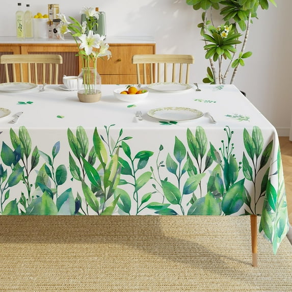 Spring Summer Tablecloths for Rectangle Tables, Waterproof Stain Resistant Polyester Fabric Table Cover Green Leaves Pattern Table Cloth for Dinner Party Picnic Camping, 60 x 84 Inch