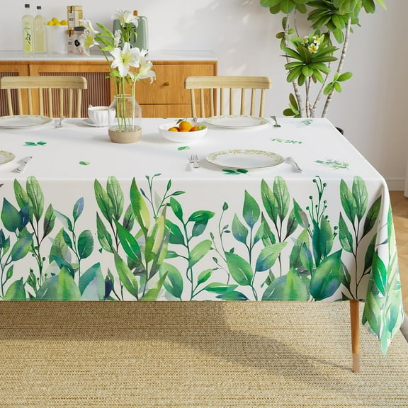 Spring Summer Tablecloths for Rectangle Tables, Waterproof Stain Resistant Polyester Fabric Table Cover Green Leaves Pattern Table Cloth for Dinner Party Picnic Camping, 60 x 84 Inch