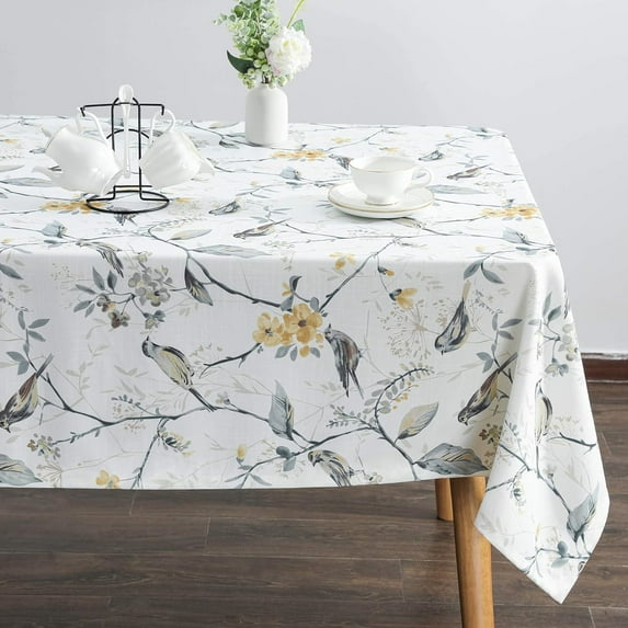 Spring Summer Tablecloths Wrinkle Free Anti-Fading Table Cloth Linen Grey Birds and Floral Rectangle Table Cover for Kitchen Dining, Party, Holiday, Buffet and Wedding