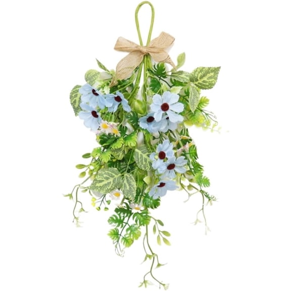 Spring Summer Teardrop Swag for Front Door, Artificial Hanging Floral Swag with Light Blue Daisy Flowers Mixed Green Leaves Burlap Bow, Farmhouse Wall Door Swag for Porch Indoor Home Decor