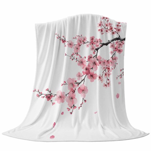 Spring Summer Throw Flannel Blanket Watercolor Cherry Blossom Super Soft Cozy Bed Blanket, Lightweight Plush Fuzzy Bed Throw for Bedroom Sofa Couch Living Room 30x40In,