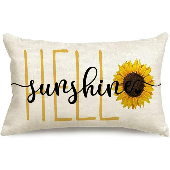 Spring Summer Throw Pillow Covers 12x20,Yellow and White Throw Pillow Covers for Couch,Hello Sunshine Lumbar Cushion Case for Bedroom Sunflower Decor Polyester Linen