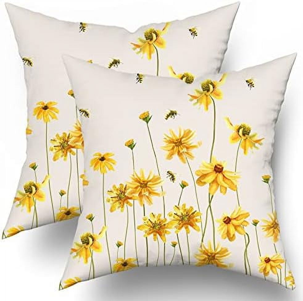 Spring Summer Throw Pillow Covers 18X18 Inches Set of 2 Yellow Flowers Coreopsis Bee Decorative