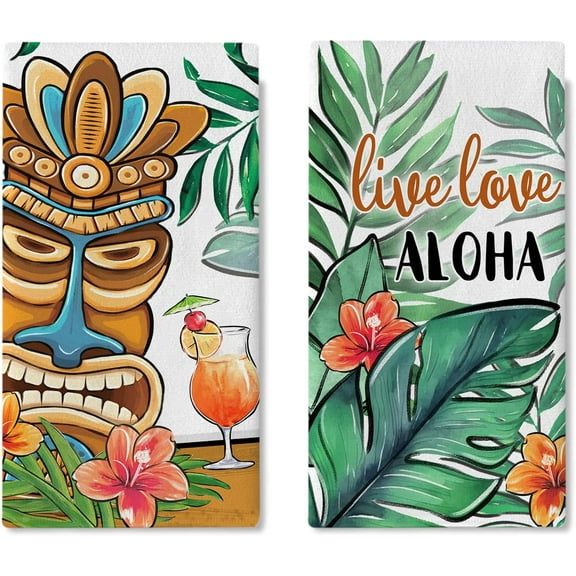 Spring Summer Tiki Kitchen Dish Towels Set of 2, Live Love Aloha Tropical Plant Palm Leaves Monstera Drying Hand Towels Baking Cooking Cloth, Hawaii Hibiscus Home Kitchen Decoration 18 x 26 in