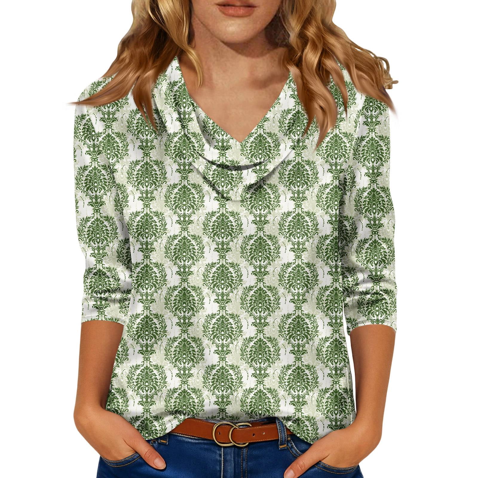 Spring Summer Tops for Women 3/4 Sleeve Satin Cowl Neck Floral Print ...