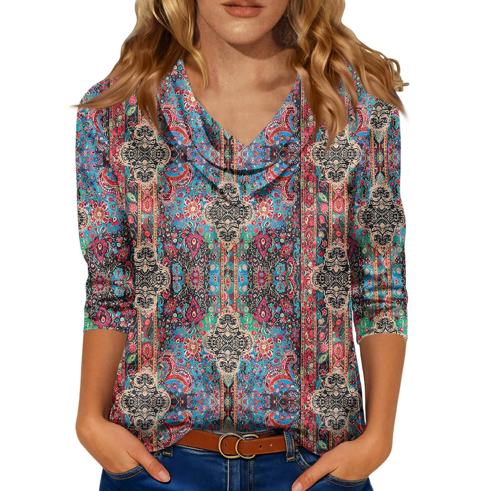 Spring Summer Tops for Women 3/4 Sleeve Satin Cowl Neck Floral Print ...