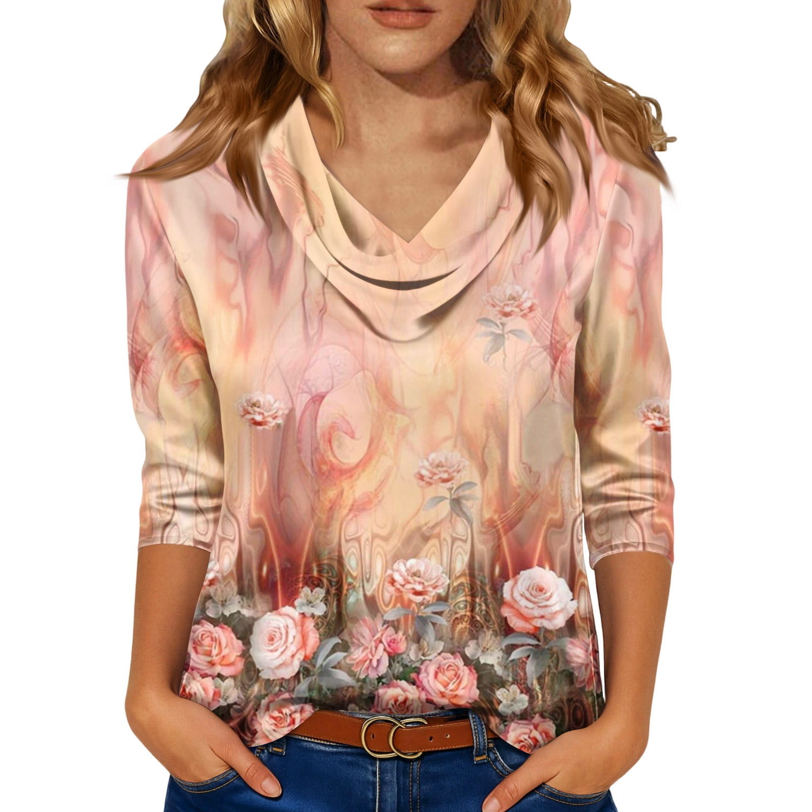 Spring Summer Tops for Women 3/4 Sleeve Satin Cowl Neck Floral Print ...