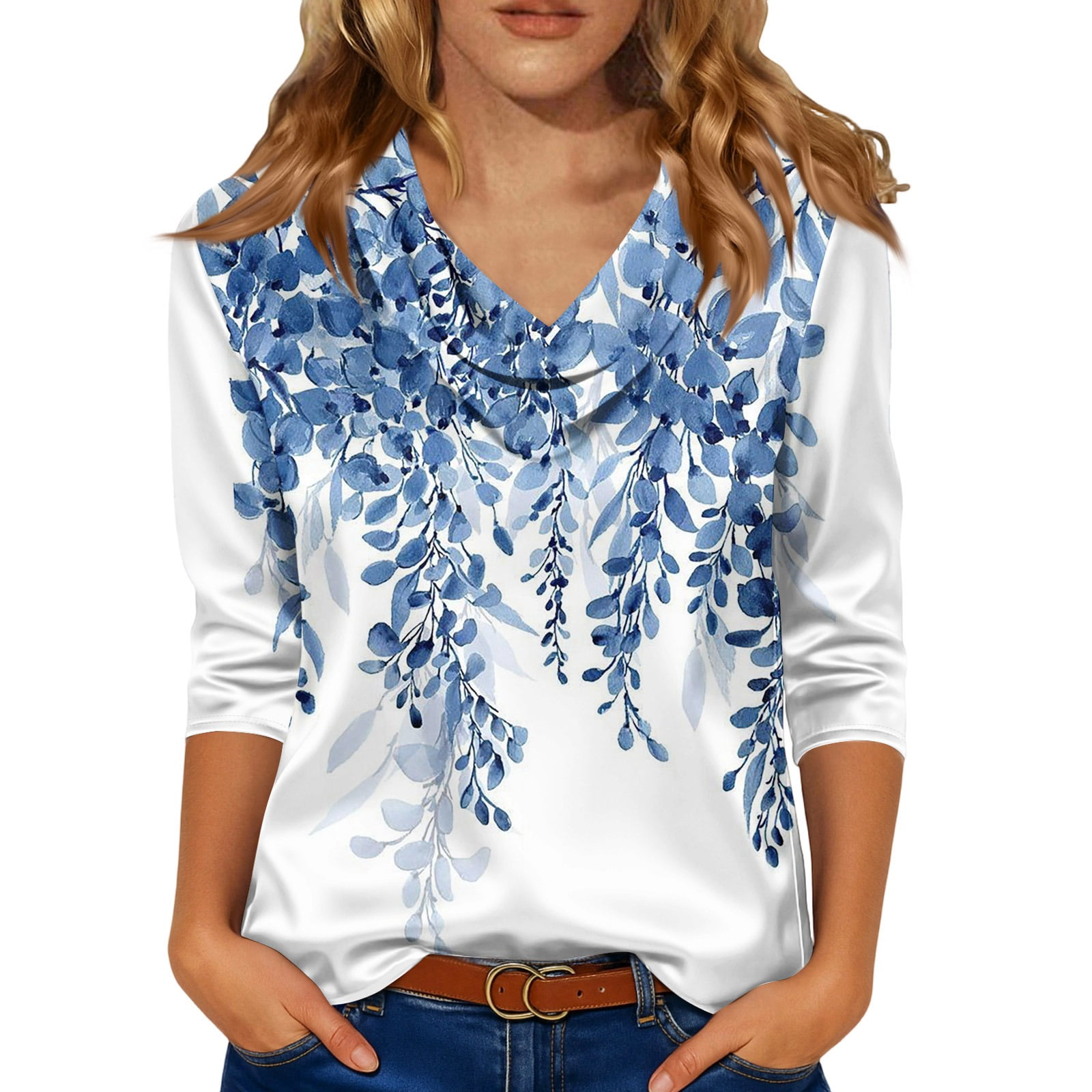 Spring Summer Tops for Women 3/4 Sleeve Satin Cowl Neck Floral Print ...