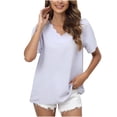 thumbnail image 1 of Spring Summer Tops for Women Scalloped Trim V Neck Solid Loose Tshirts Short Sleeve Comfy Casual Work Office Blouses, 1 of 4