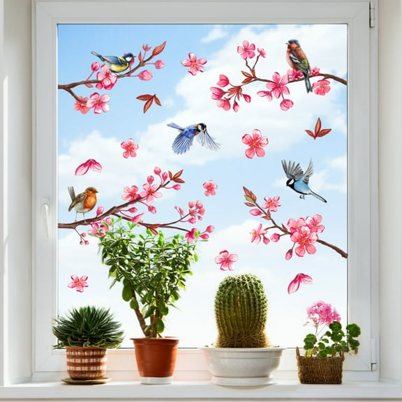 Spring Summer Tree Branch Bird Strike Window Cling, Anti Collision Wall Glass Sticker Decal Hummingbird Bluebird Decor, Fall Autumn Home Kitchen Office Fridge Decorations