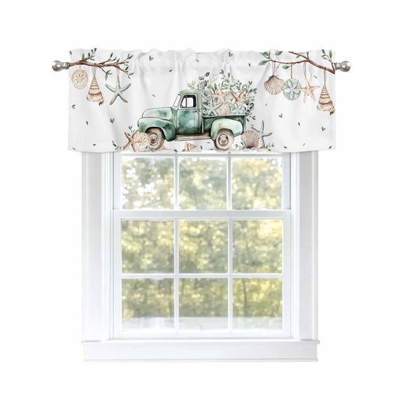 Spring Summer Truck Valances for Windows, Rod Pocket Kitchen Valance Curtains - Soft & Washable Small Window Treatment for Living Room,&nbsp;Bathroom, Ocean Starfish Shell , 42x12 Inch, 1 Panel