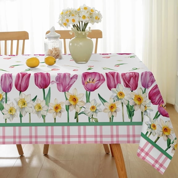 Spring Summer Tulip Flower Tablecloth Rectangle 52 x 70 Inch Waterproof Stain Resistant Floral Table Cloth, Buffalo Plaid Checkered Fabric Table Cover for Dining, Party, Indoor, Outdoor, Pink