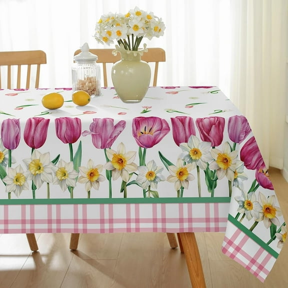 Spring Summer Tulip Flower Tablecloth Rectangle 60 x 84 Inch Spill Proof Wrinkle Free Floral Table Cloth, Plaid Checkered Gingham Polyester Table Cover for Dining, Party, Indoor, Outdoor, Pink