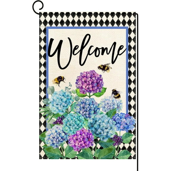 Spring Summer Tulip Welcome Garden Flag Double Sided Bee Colorful Floral Small Burlap Yard House Seasonal Farmhouse Outside Outdoor Decoration 12 x 18 Inch