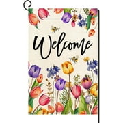 Spring Summer Tulip Welcome Garden Flag Double Sided Bee Colorful Floral Small Burlap Yard House Seasonal Farmhouse Outside Outdoor Decoration 12 x 18 Inch