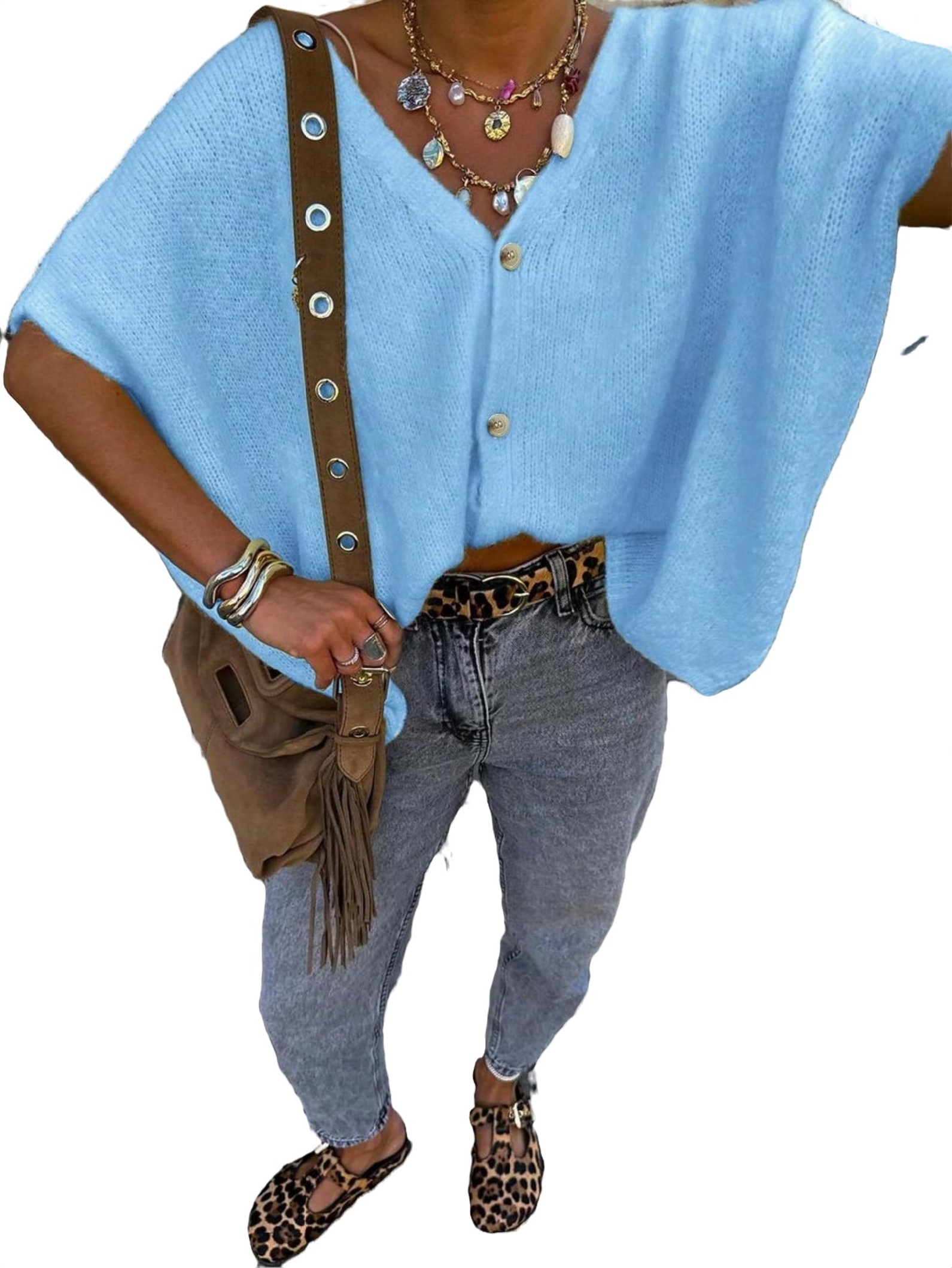 Solid Color V-neck Button Cardigan Knitted Loose Casual Set