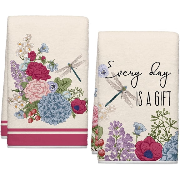 Spring Summer Vintage Floral Kitchen Towels, Dragonflies Dish Towels Set of 2, Spring Retro Hydrangeas 18 x 26 Inch Hand Towel Quick Drying Dishcloth Decor for Kitchen Bathroom Home