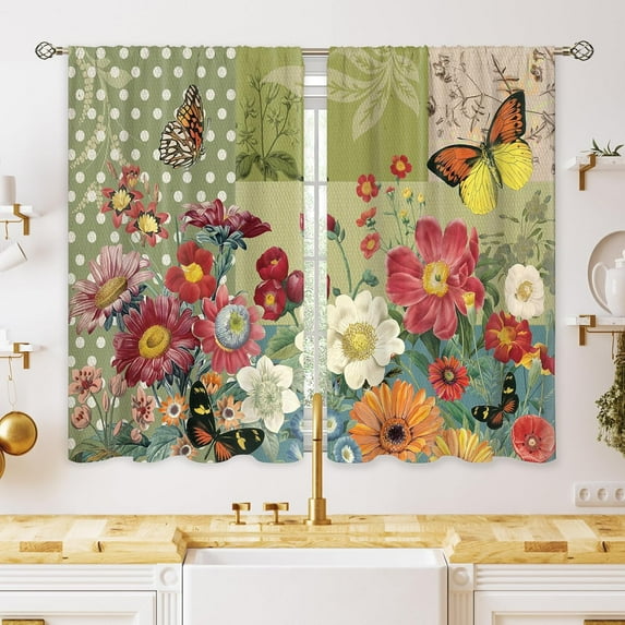 Spring Summer Vintage Flower Small Kitchen Curtains Green Floral Botanical Window Treatment Rustic Plant Cafe Short Window Curtains for Bathroom Dining Room Tier Treatment Drapes 27.5x39 inch