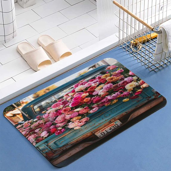 Spring Summer Vintage Truck Pickup Wild Flowers Diatomite Bath Mats Bathroom Absorbent Anti Slip Floor Mat Foot Carpet Quick Dry Shower Toilet Rug Doormat Washable