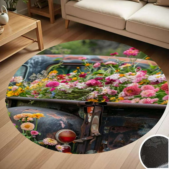 Spring Summer Vintage Truck Pickup Wild Flowers Round Carpet Living Room Bedroom Home Decoration Coffee Table Mat Lounge Rug Chair Mats