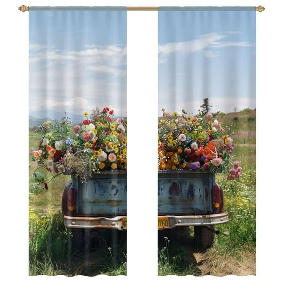 Spring Summer Vintage Truck Pickup Wild Flowers Sheer Voile Curtain Window Tulle Curtains For Living Room Bedroom Modern Curtain