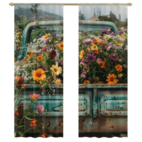 Spring Summer Vintage Truck Pickup Wild Flowers Sheer Window Curtains for Living Room Kitchen Bedroom Tulle Voile Hanging Curtain