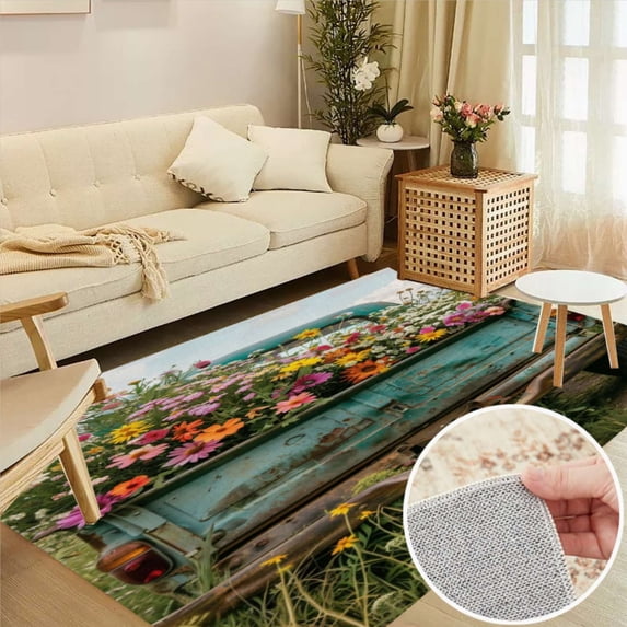 Spring Summer Vintage Truck Pickup Wild Flowers Soft Large Area Rugs Washable Rug With Non-Slip Backing Carpet For Living Room Bedroom Kitchen