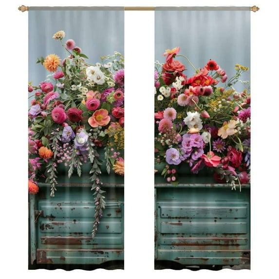 Spring Summer Vintage Truck Pickup Wild Flowers Tulle Curtains For Living Room Chiffon Sheer Voile Kitchen Bedroom Curtain Drapes