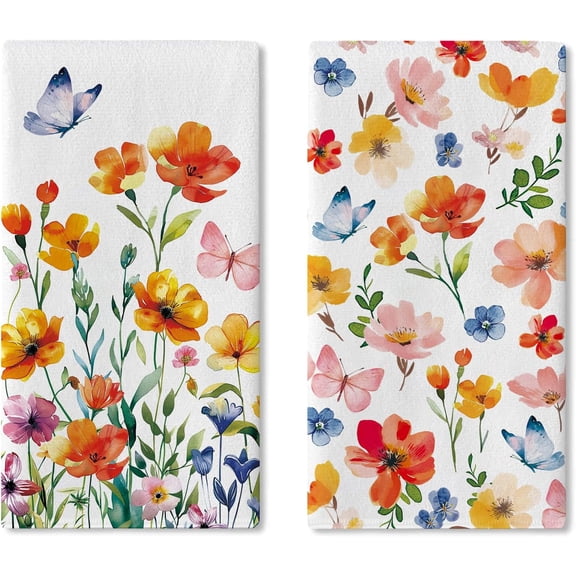 Spring Summer Watercolor Floral Kitchen Dish Towels Set of 2, Flower Butterfly Botanical Drying Hand Towel Baking Cooking Cloth, Wildflower Plant Farmhouse Bathroom Home Decoration 18'' x 26''