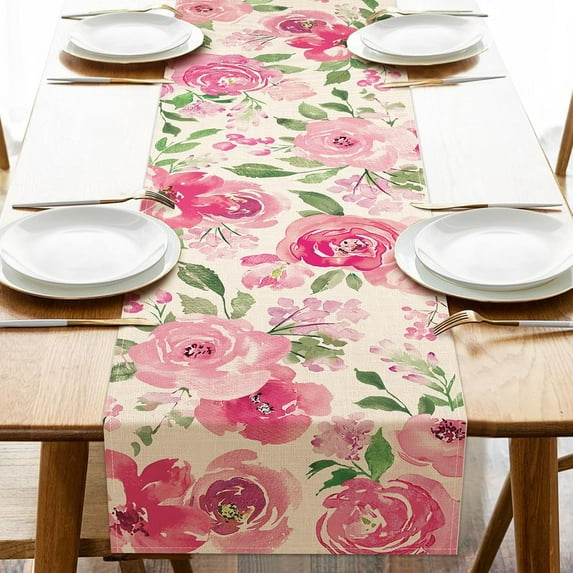 Spring Summer Watercolor Flower Table Runner, Pink Peony Floral Kitchen Dining Table Decor, Seasonal Burlap Home Decoration Indoor Outdoor Party Supply 13 x 72 Inches