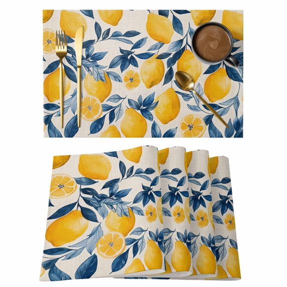 Spring Summer Watercolor Lemon Blue Leaves Placemats Set of 6,Wipeable Washable Table Mats for Dining Tables, Vintage Linen Place Mats for Kitchen Event Party Tabletop Decor
