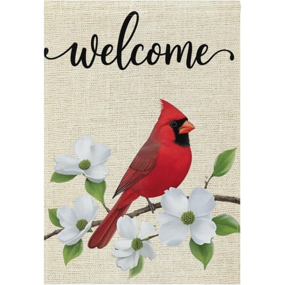 Spring Summer Welcome Garden Flag 12x18 Double Sided Burlap Northern Cardinal White Dogwood Farmhouse Decor