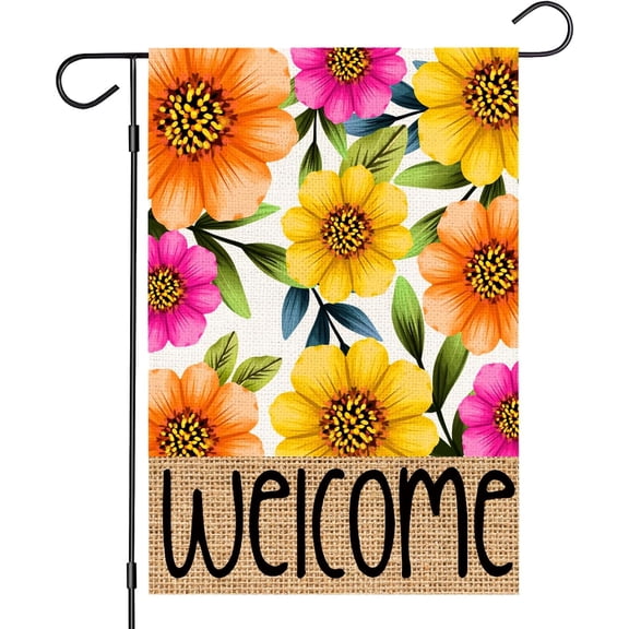 Spring Summer Welcome Garden Flag 12x18 Inch Double Sided Outside, Small Burlap Floral Seasonal Yard Outdoor Flag