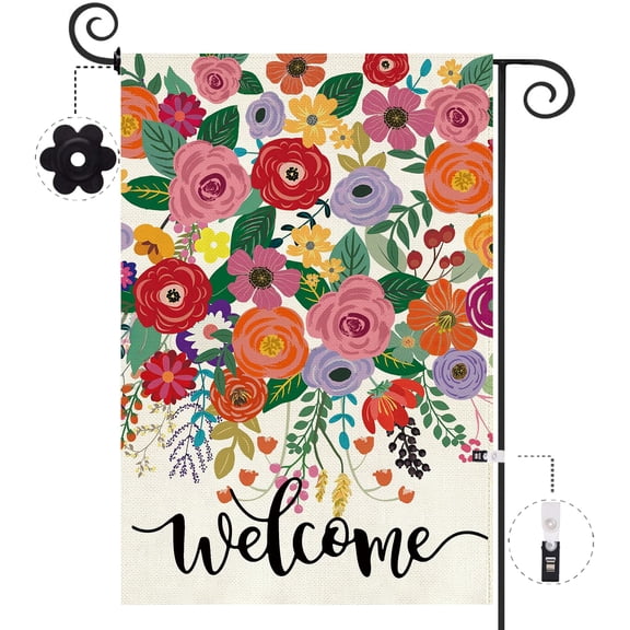 Spring Summer Welcome Garden Flag Double Sided 12.5x18 Inch Burlap with Clip and Stopper Floral Farmhouse Yard Outdoor Decor