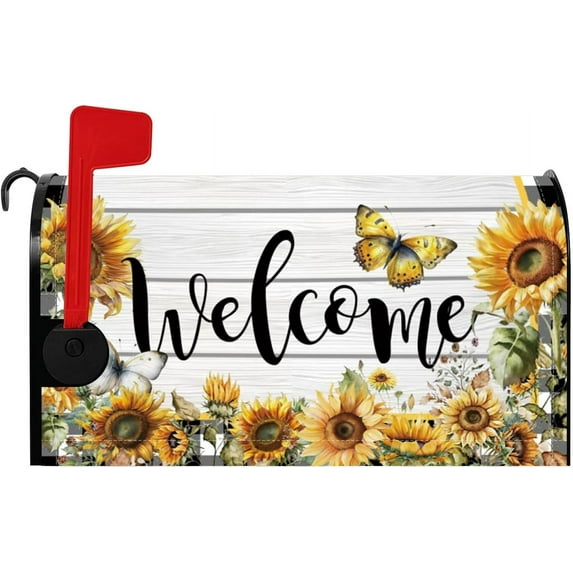 Spring Summer Welcome Magnetic Mailbox Cover, Sunflower Mailbox Covers, Standard 18"x21", Flower Mailbox Wraps Post Letter Box Cover Decor for Outside Garden Yard Home