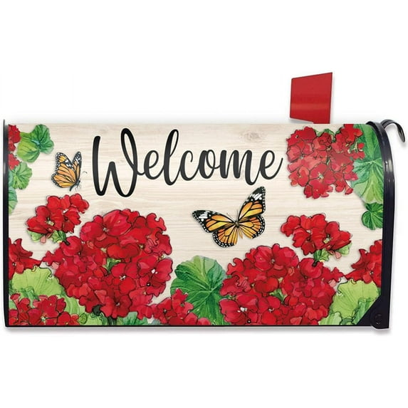 Spring Summer Welcome Mailbox Cover Magnetic Standard 21" x 18", Geranium Flower Butterfly Decorative Checkerboard Post Letter Box Wrap Farmhouse Rustic Decor for Garden Yard