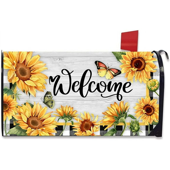 Spring Summer Welcome Mailbox Cover Magnetic Standard 21" x 18", Sunflower Butterfly Decorative Flower Buffalo Plaid Check Fall Post Letter Box Wrap Farmhouse Rustic Decor for Garden Yard
