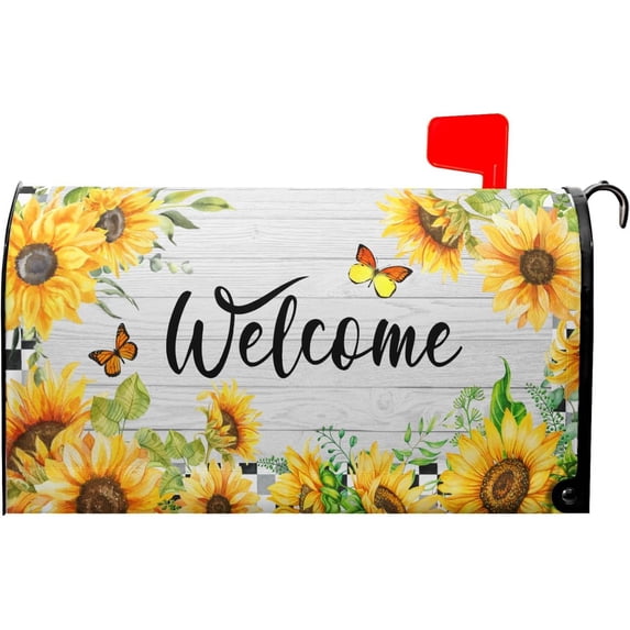 Spring Summer Welcome Mailbox Cover Magnetic Standard Size 25.5"x21" Sunflower Butterfly Decorative Mailbox Covers Farmhouse Rustic Decor Post Letter Box Cover Wrap for Outside Spring Decoration