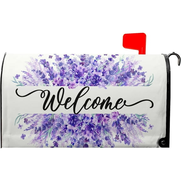 Spring Summer Welcome Mailbox Covers Magnetic Large Size 25x21 Inch Spring Holiday Decorations Mailbox Cover Purple Floral Mailbox Wraps for Home Garden Outdoor Post Letter Box Cover Decor