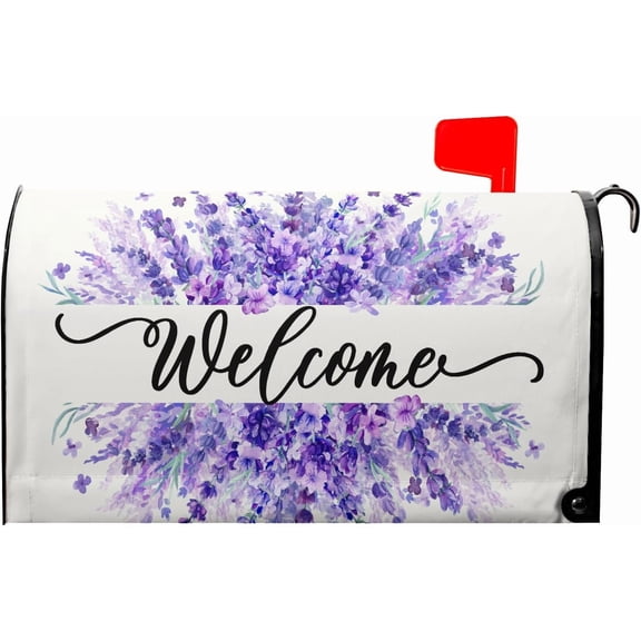 Spring Summer Welcome Mailbox Covers Magnetic Standard Size 21x18 Inch Spring Holiday Decorations Mailbox Cover Purple Floral Mailbox Wraps Post Letter Box Cover for Home Garden Outdoor Decor
