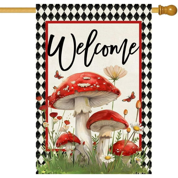 Spring Summer Welcome Mushrooms House Flag 28 x 40 Inch Double Sided Burlap Butterflies and Flower Farmhouse Easter Large Yard Flag Summer Holiday Seasonal Outdoor Outside Decoration