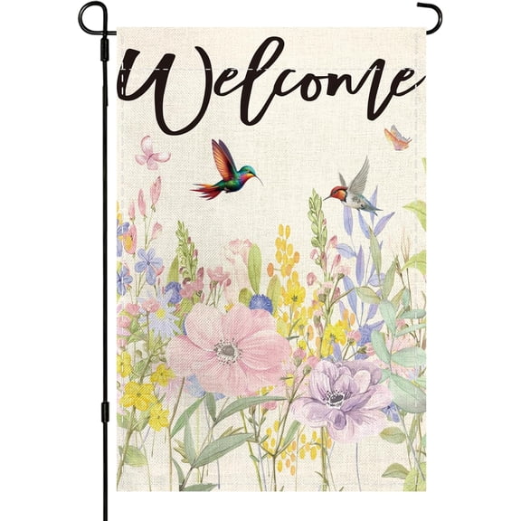 Spring Summer Welcome Wildflower Garden Flag 12 x 18 Inch Double Sided Burlap Flower Farmhouse Small Yard Flag Seasonal Outdoor Outside Decor (hummingbird)